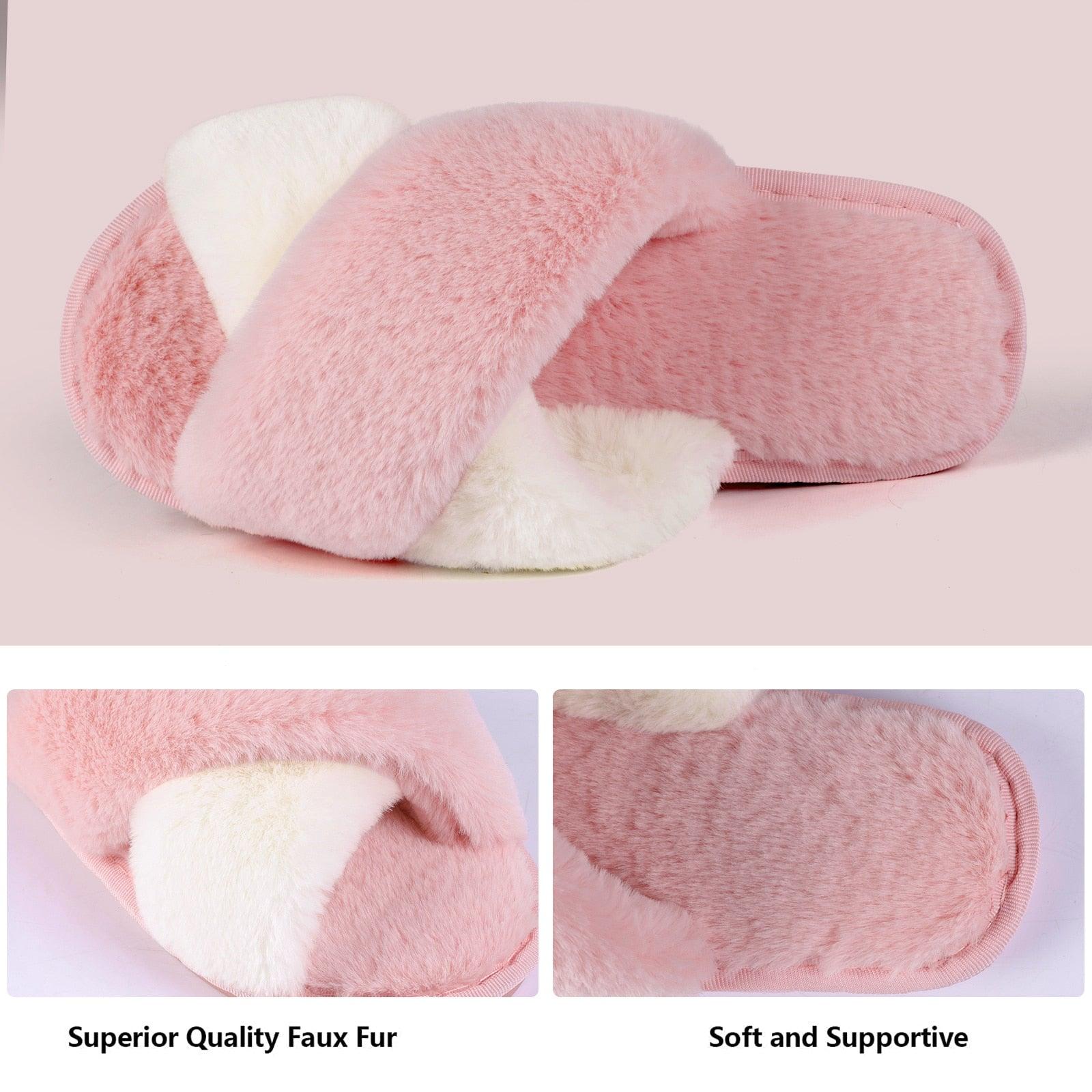 Women's Fluffy Faux Fur Open Toe Slippers, Soft Plush Indoor Slides