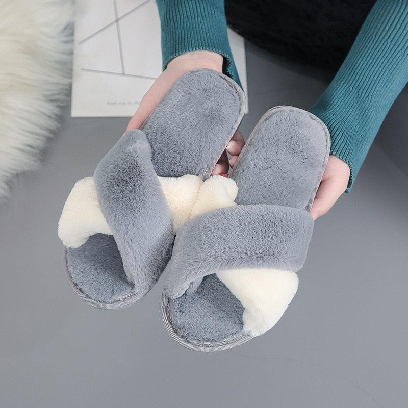 Women's Fluffy Faux Fur Open Toe Slippers, Soft Plush Indoor Slides