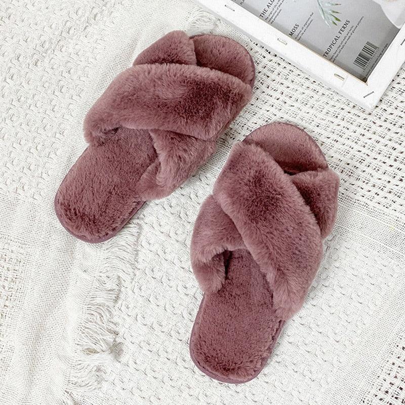 Women's Fluffy Faux Fur Open Toe Slippers, Soft Plush Indoor Slides