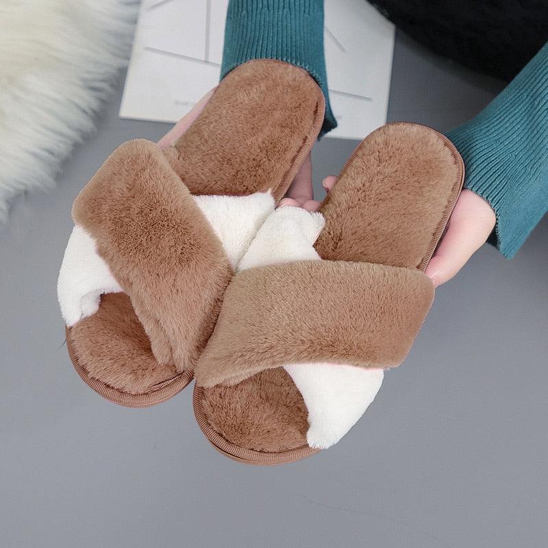 Women's Fluffy Faux Fur Open Toe Slippers, Soft Plush Indoor Slides