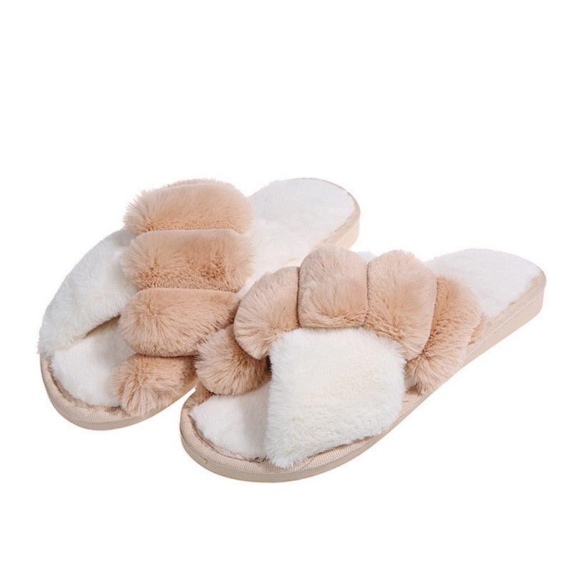 Women's Fluffy Faux Fur Open Toe Slippers, Soft Plush Indoor Slides