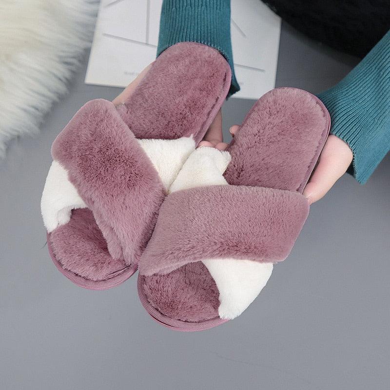 Women's Fluffy Faux Fur Open Toe Slippers, Soft Plush Indoor Slides