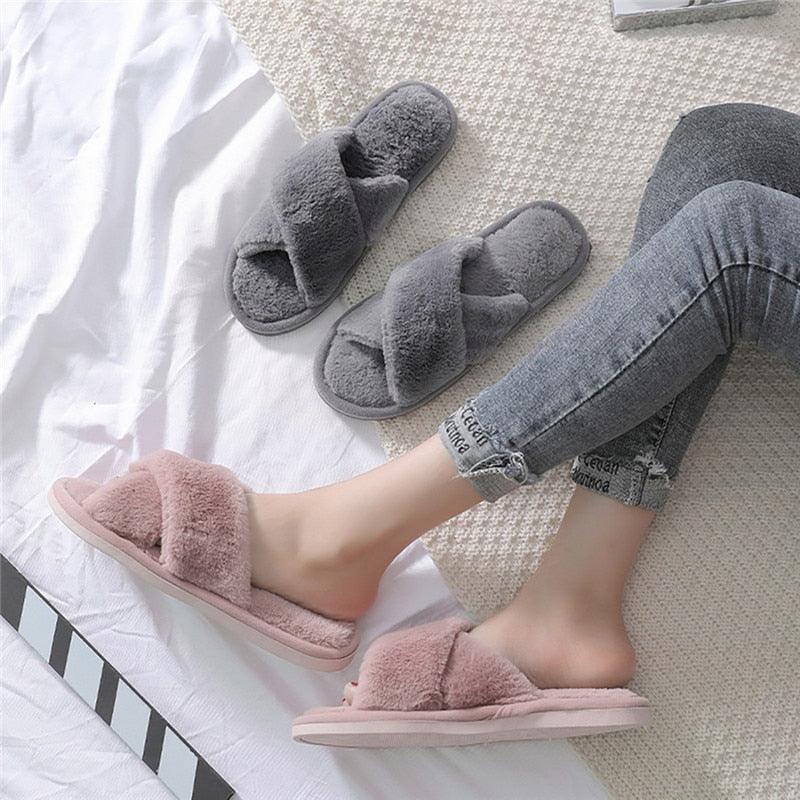 Women's Fluffy Faux Fur Open Toe Slippers, Soft Plush Indoor Slides