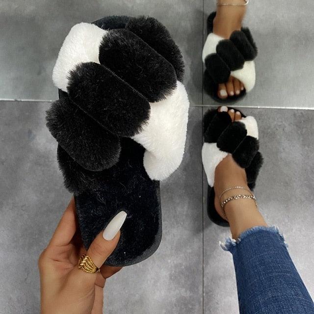 Women's Fluffy Faux Fur Open Toe Slippers, Soft Plush Indoor Slides