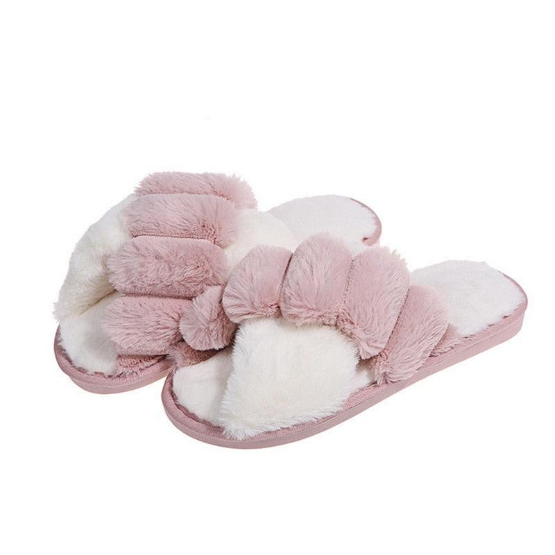 Women's Fluffy Faux Fur Open Toe Slippers, Soft Plush Indoor Slides