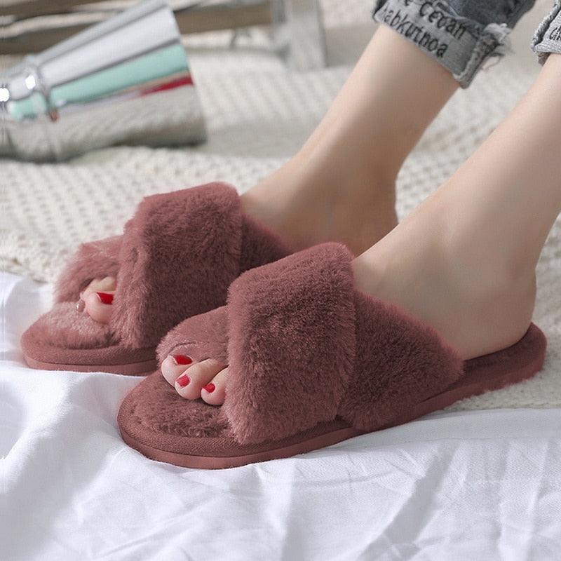 Women's Fluffy Faux Fur Open Toe Slippers, Soft Plush Indoor Slides