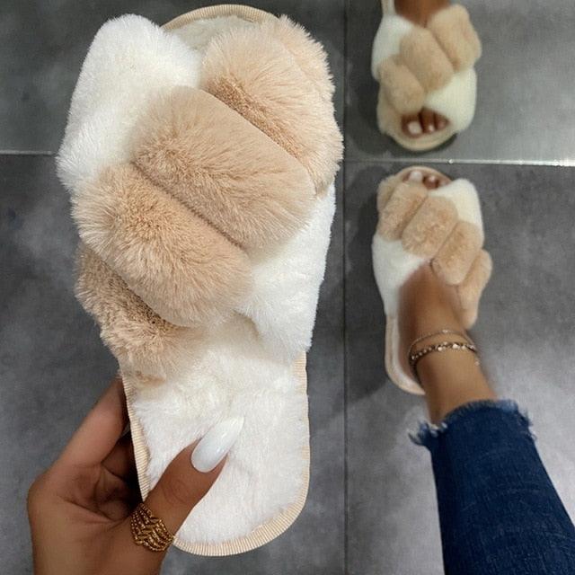 Women's Fluffy Faux Fur Open Toe Slippers, Soft Plush Indoor Slides