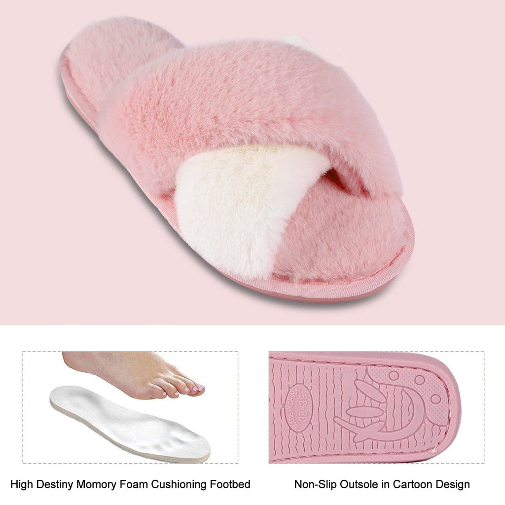 Women's Fluffy Faux Fur Open Toe Slippers, Soft Plush Indoor Slides