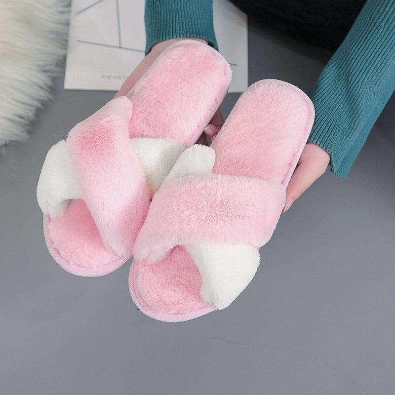 Women's Fluffy Faux Fur Open Toe Slippers, Soft Plush Indoor Slides