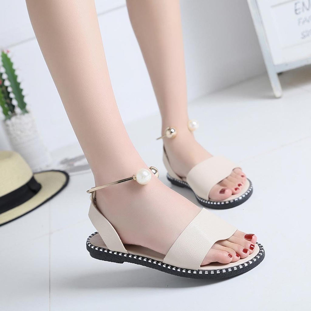 Elegant White Round Toe Pearl Buckle Sandals for Summer Wedding