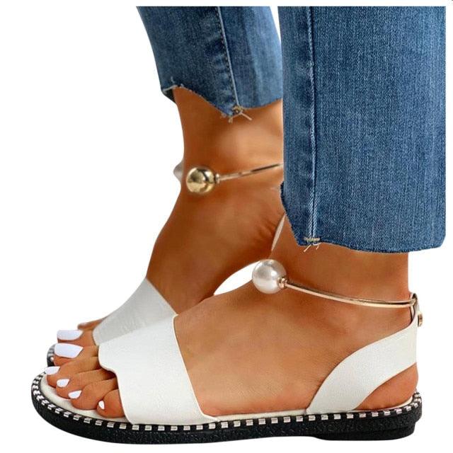 Elegant White Round Toe Pearl Buckle Sandals for Summer Wedding
