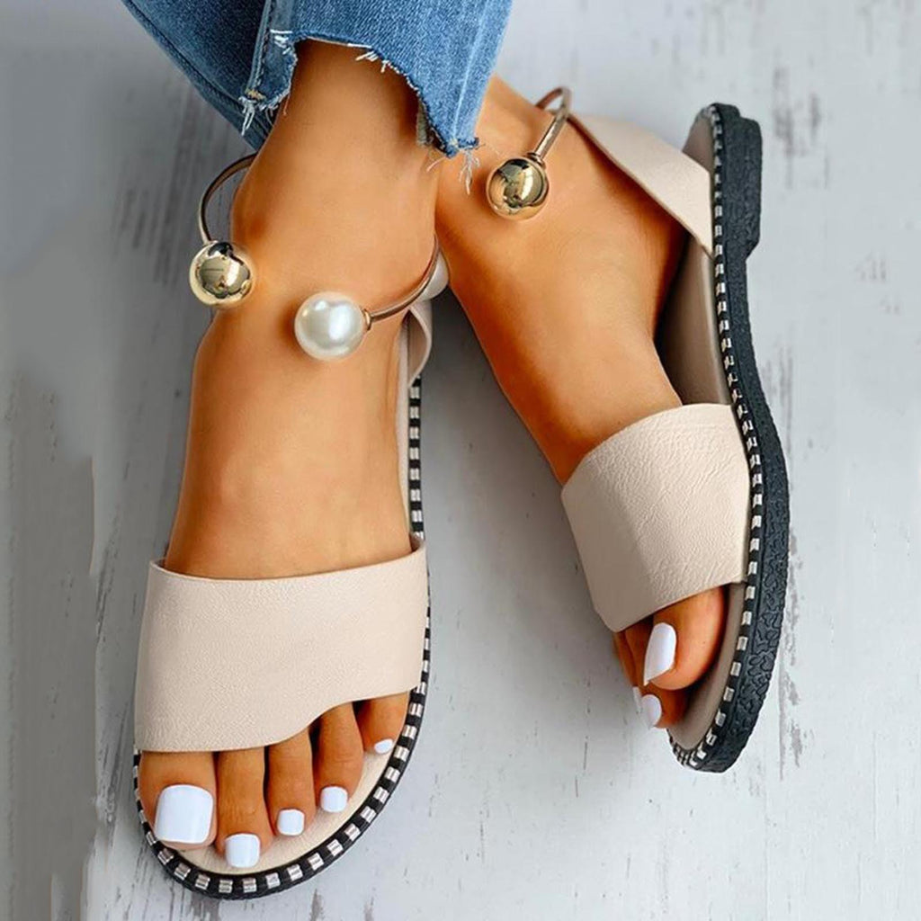 Elegant White Round Toe Pearl Buckle Sandals for Summer Wedding