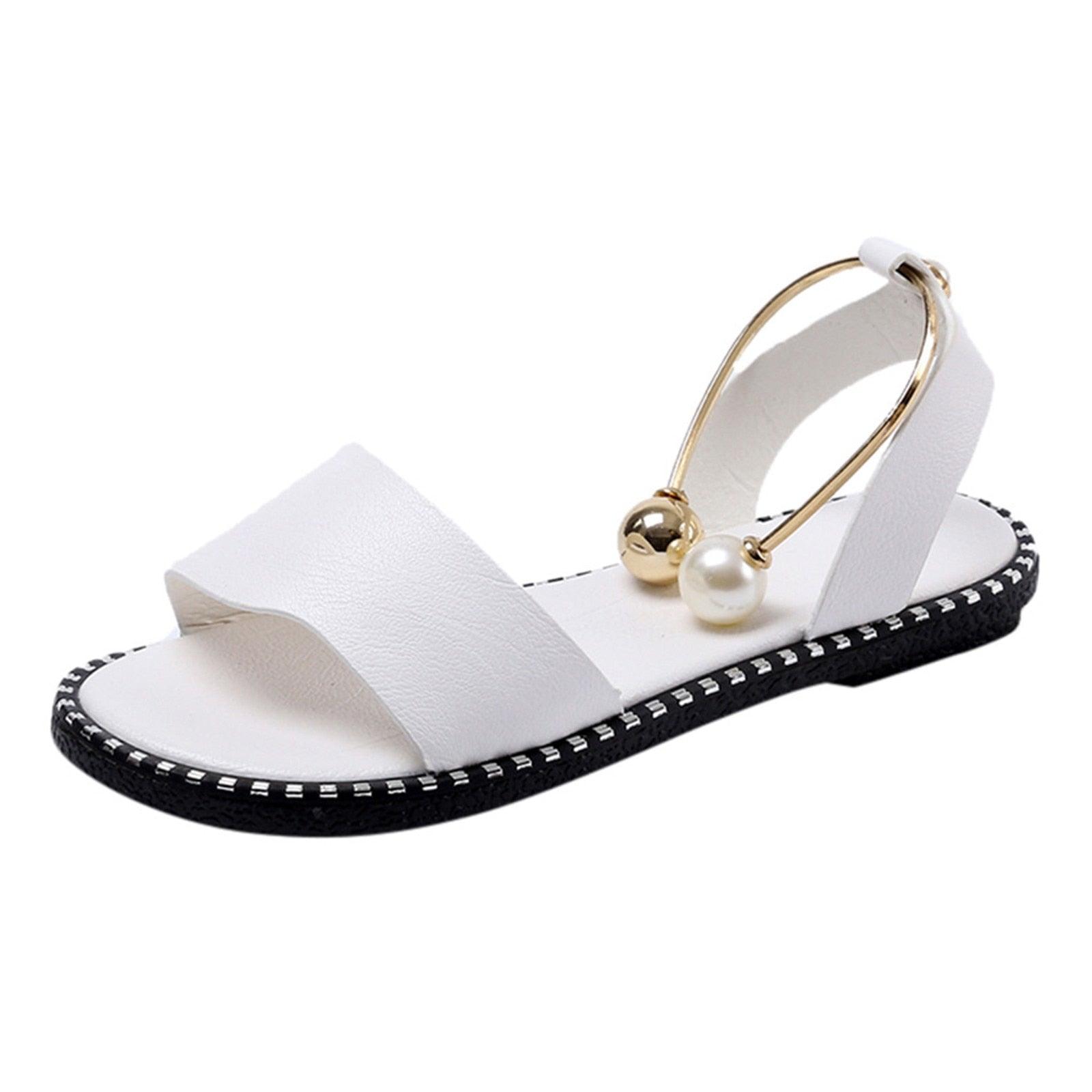 Elegant White Round Toe Pearl Buckle Sandals for Summer Wedding
