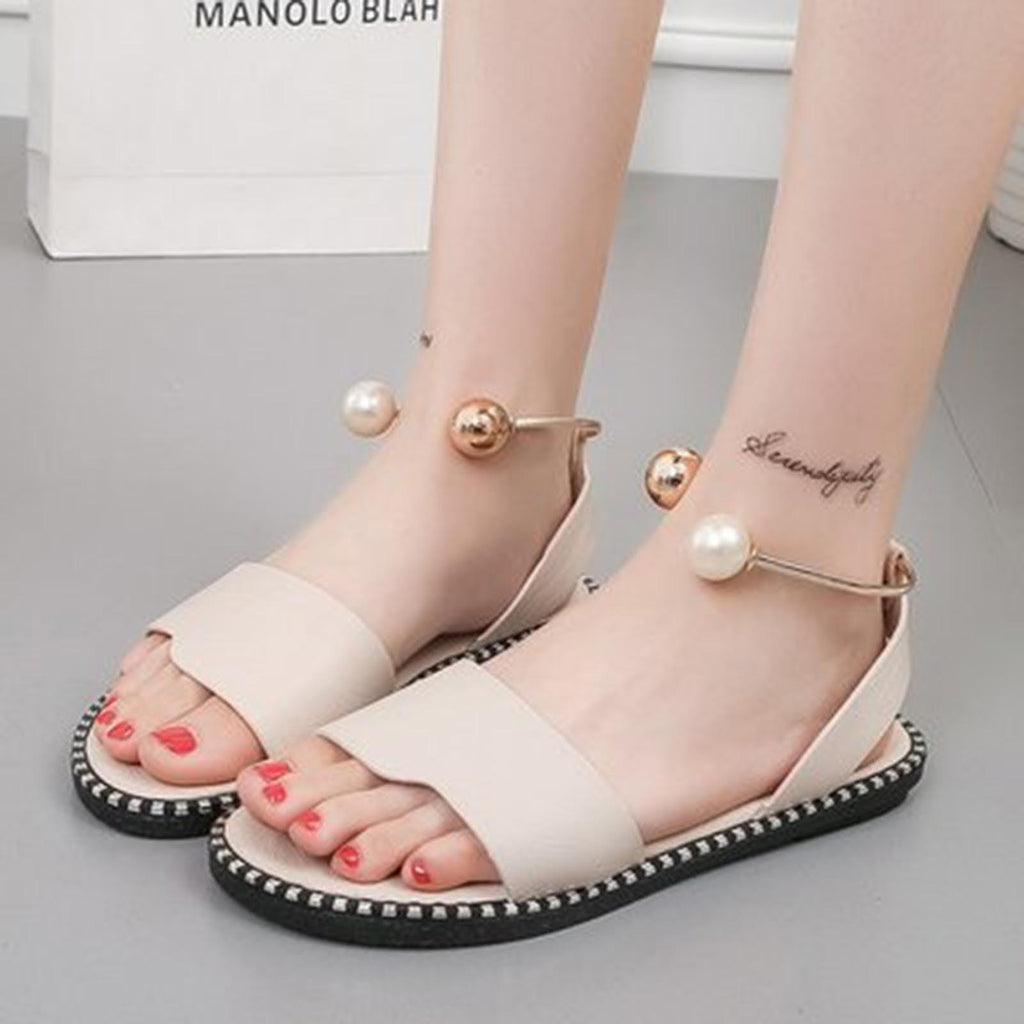 Elegant White Round Toe Pearl Buckle Sandals for Summer Wedding