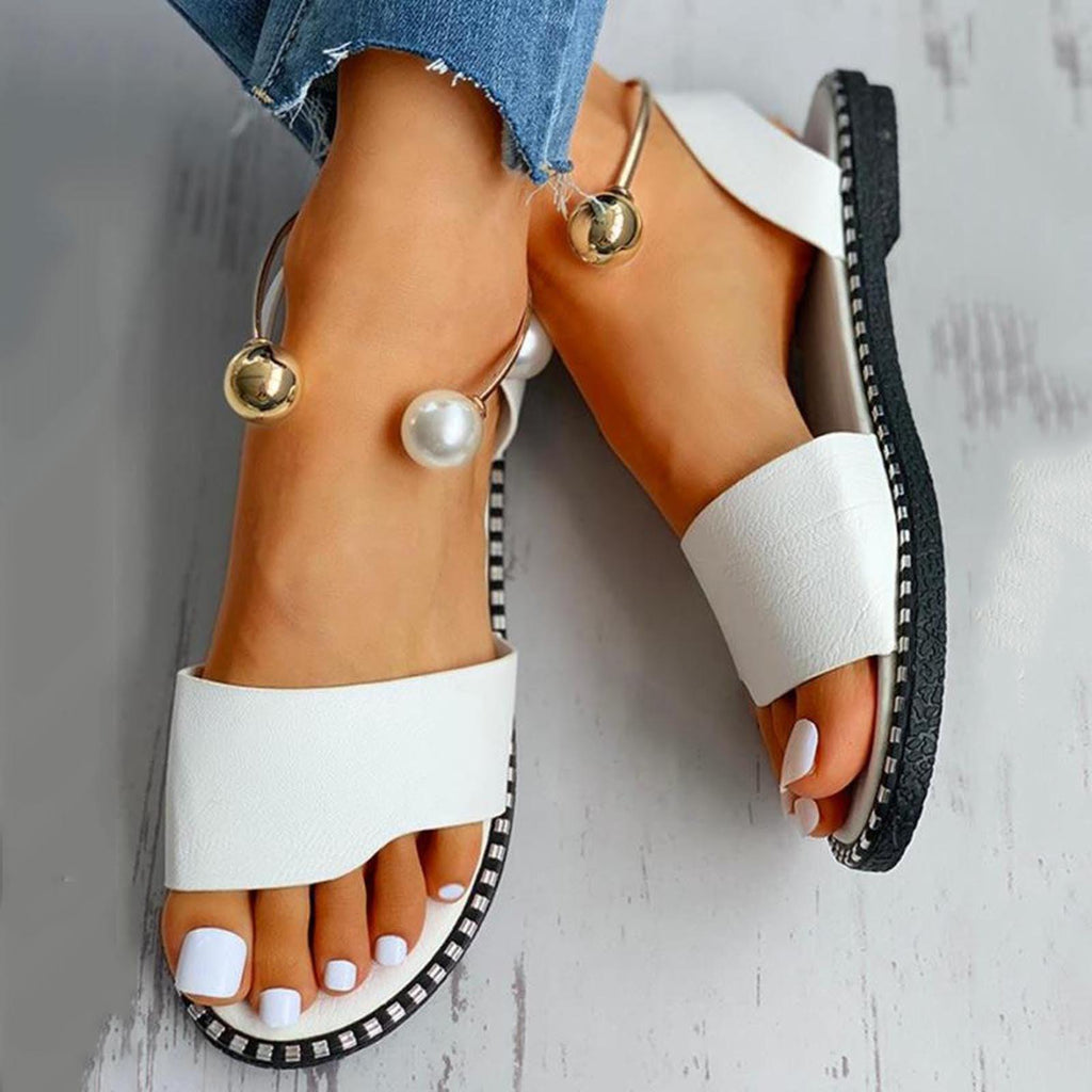 Elegant White Round Toe Pearl Buckle Sandals for Summer Wedding