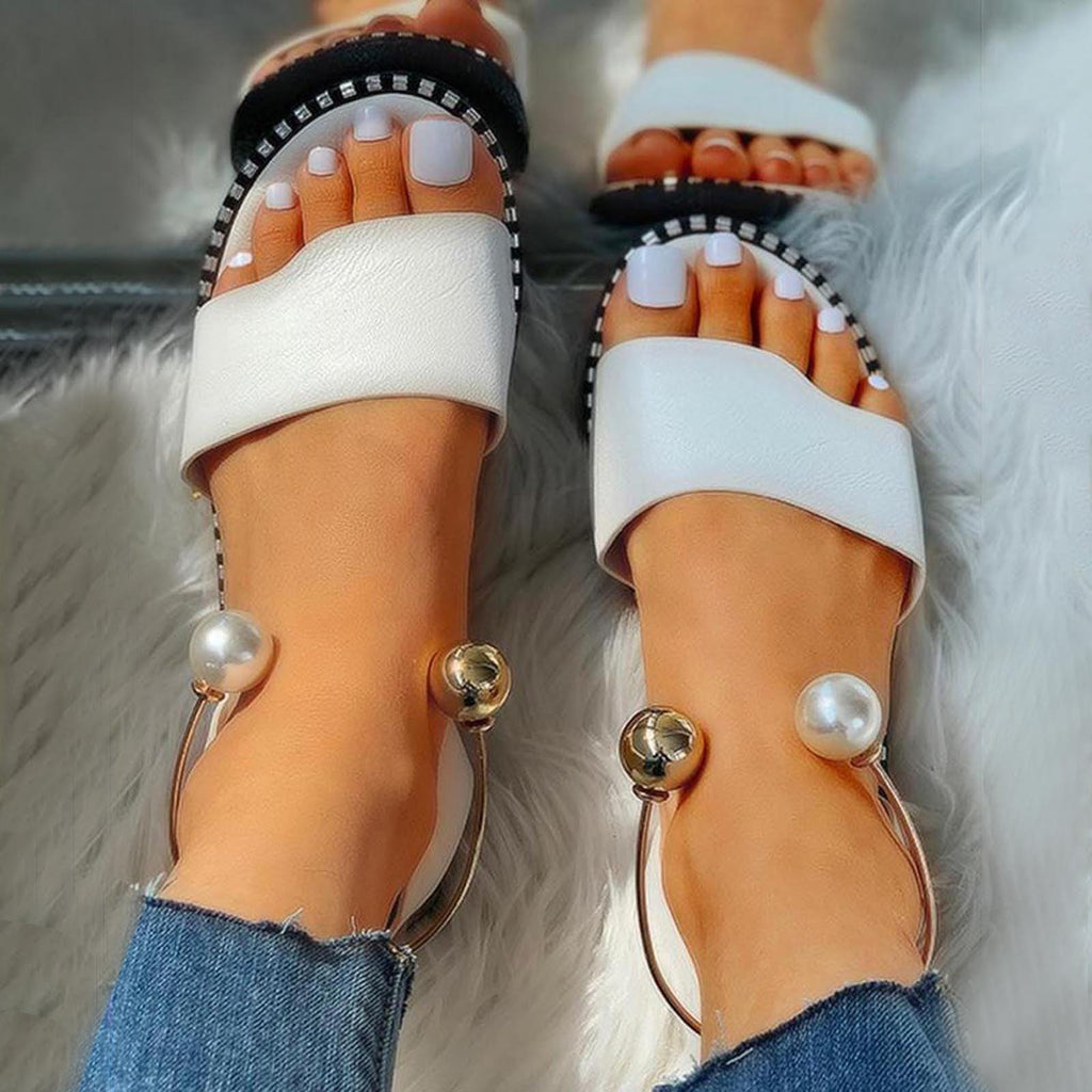 Elegant White Round Toe Pearl Buckle Sandals for Summer Wedding