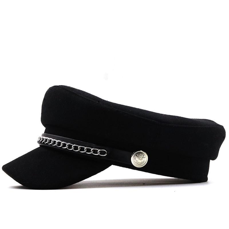 Elegant Black Leather Military Beret with Chain Detail - Women's Cap