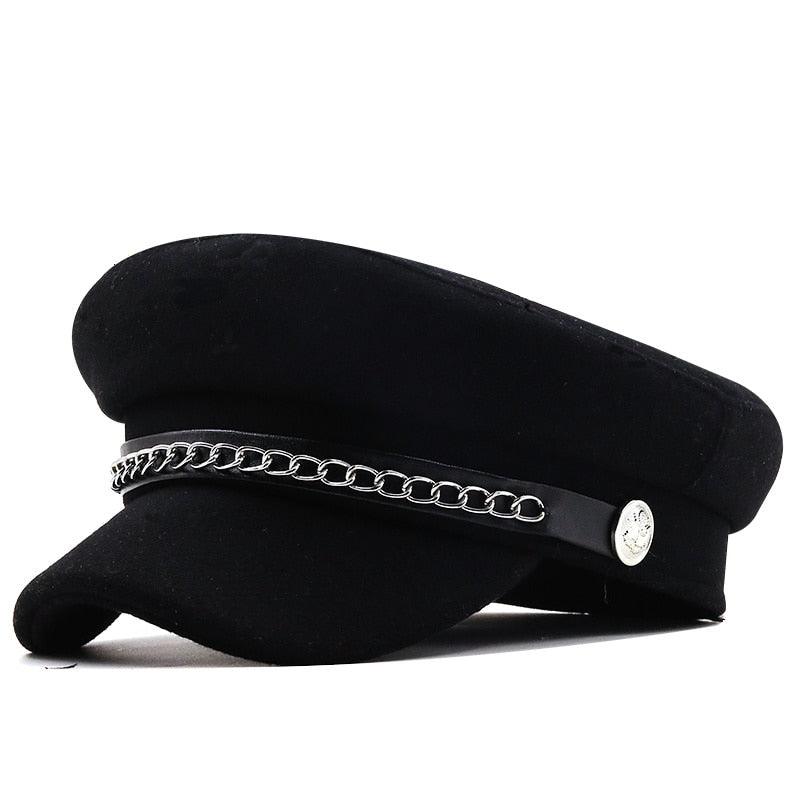 Elegant Black Leather Military Beret with Chain Detail - Women's Cap