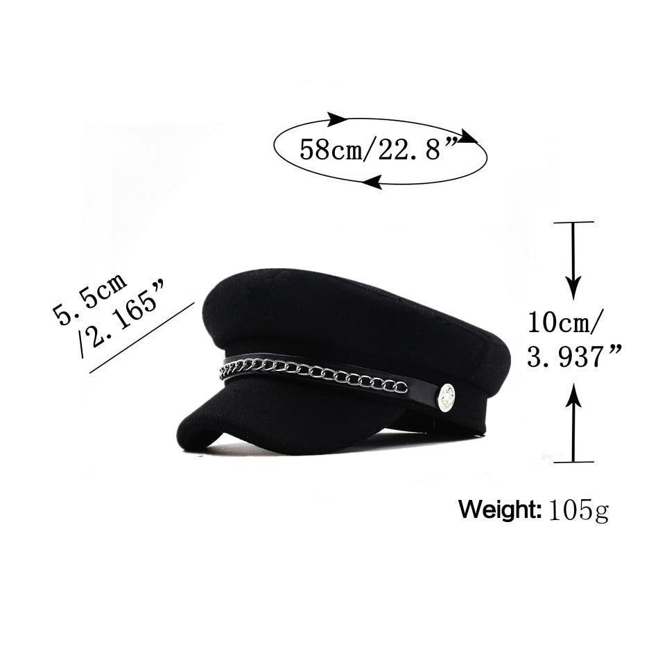 Elegant Black Leather Military Beret with Chain Detail - Women's Cap