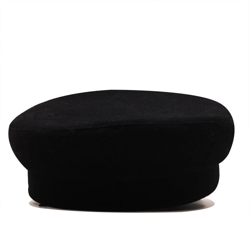 Elegant Black Leather Military Beret with Chain Detail - Women's Cap