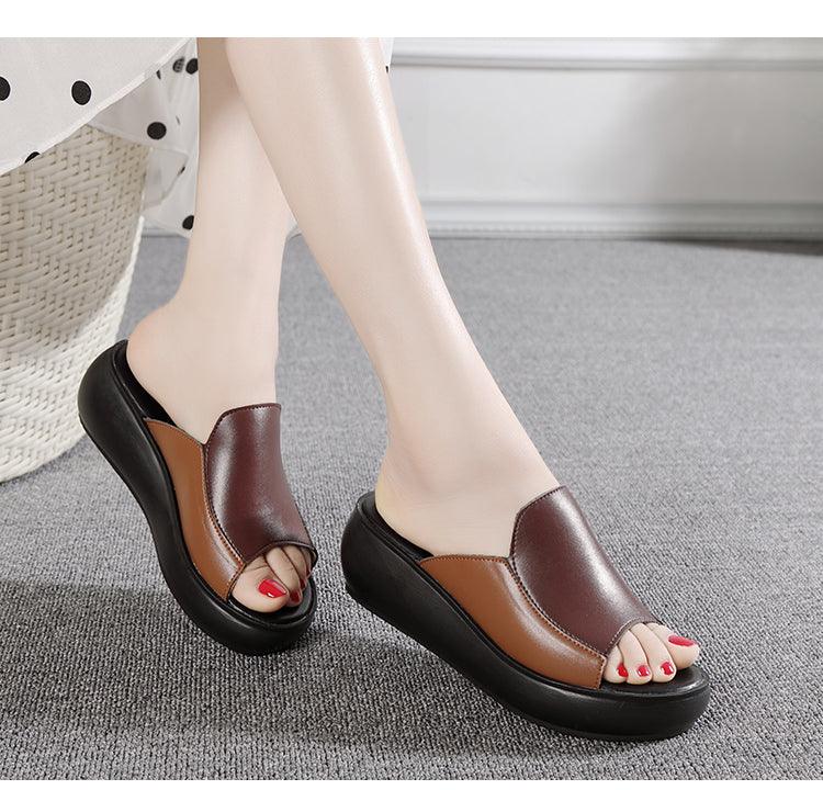 Women’s Genuine Leather Platform Wedge Loafer Comfort Slippers