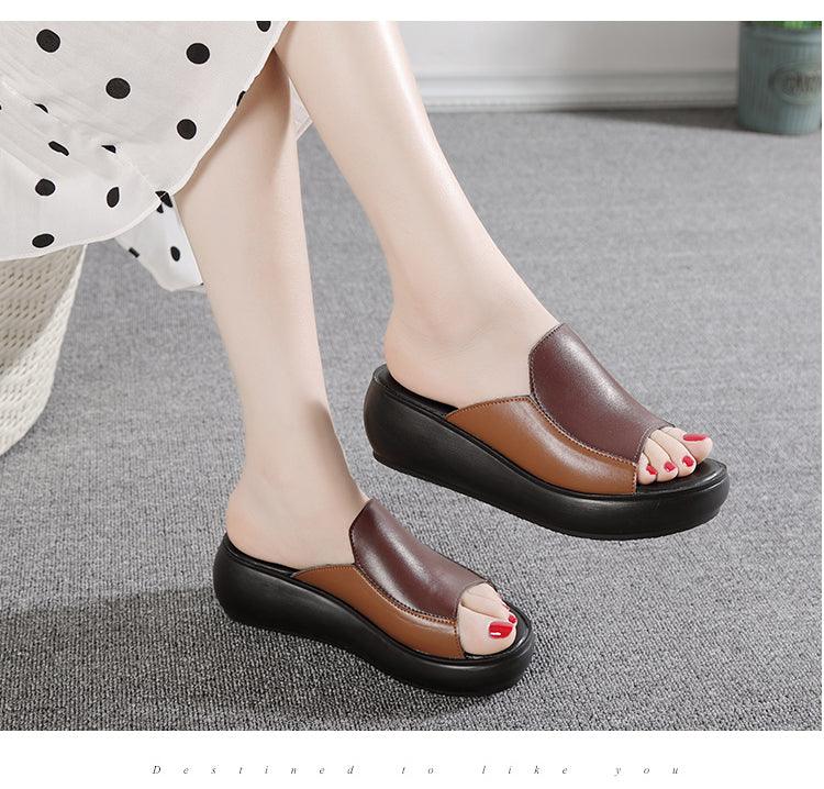 Women’s Genuine Leather Platform Wedge Loafer Comfort Slippers