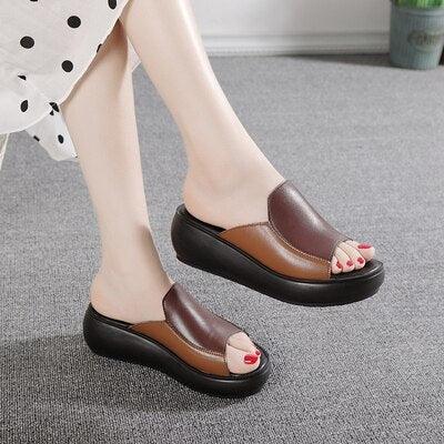 Women’s Genuine Leather Platform Wedge Loafer Comfort Slippers