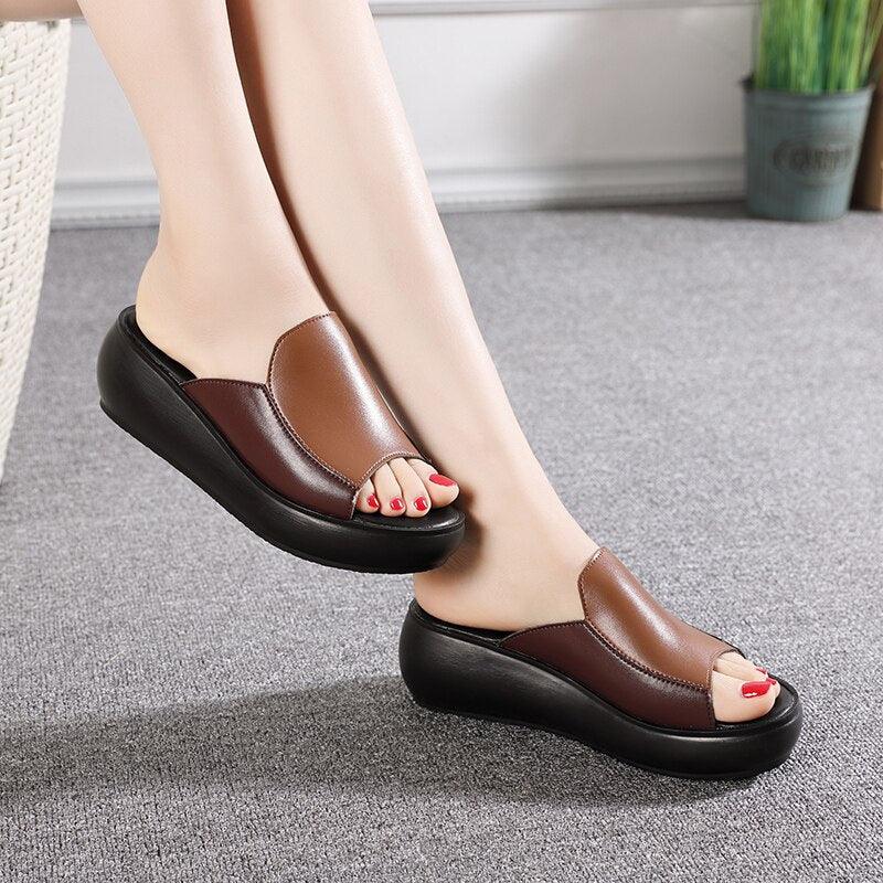 Women's genuine leather platform wedge loafers with slip-on elastic side gores