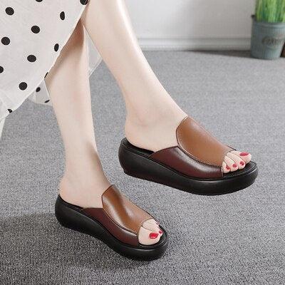 Women’s Genuine Leather Platform Wedge Loafer Comfort Slippers