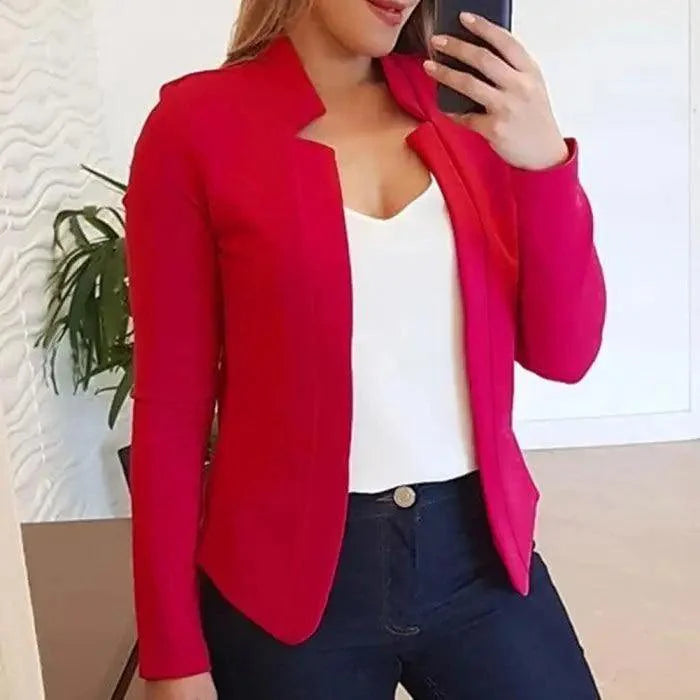 Professional woman wearing an elegant, minimalist long-sleeve blazer in red, yellow, or white.