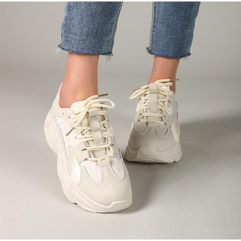 Elegant Leather Platform Sneakers - Casual Walking Footwear