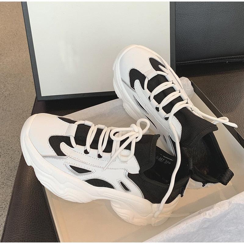 Elegant Leather Platform Sneakers - Casual Walking Footwear