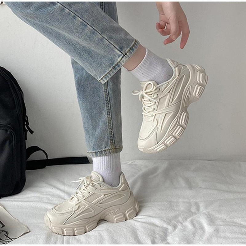Elegant Leather Platform Sneakers - Casual Walking Footwear