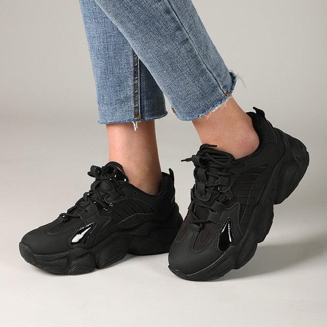 Elegant Leather Platform Sneakers - Casual Walking Footwear
