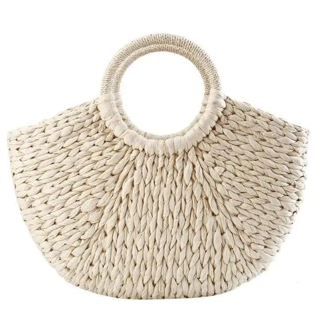 Woven Wicker Straw Half Round Bag - Large Capacity Travel Tote