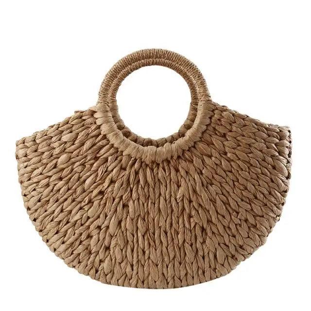 Woven Wicker Straw Half Round Bag - Large Capacity Travel Tote