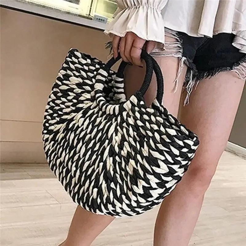 Woven Wicker Straw Half Round Bag - Large Capacity Travel Tote