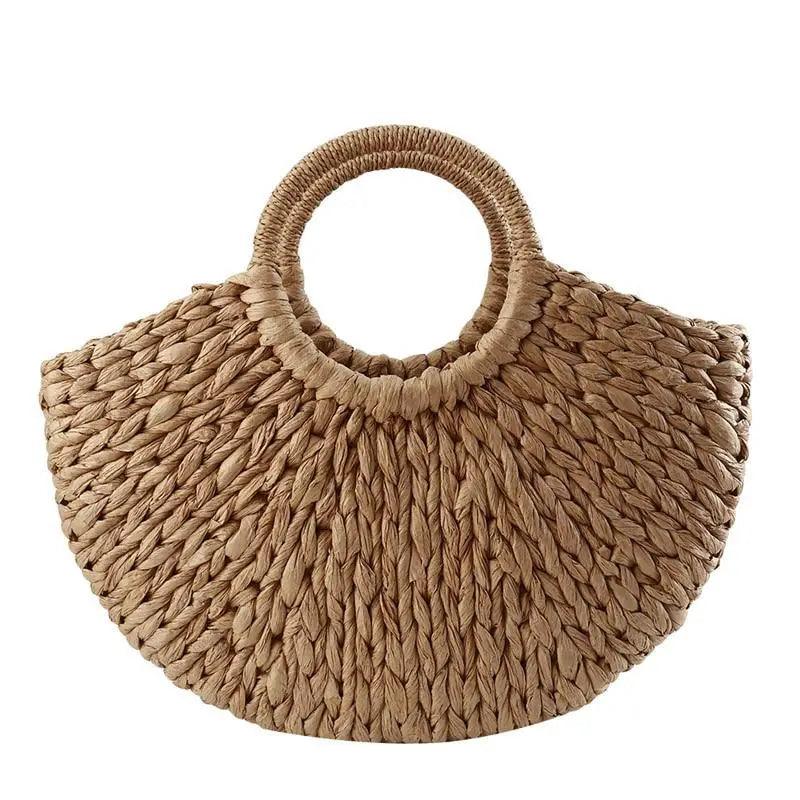 Woven Wicker Straw Half Round Bag - Large Capacity Travel Tote