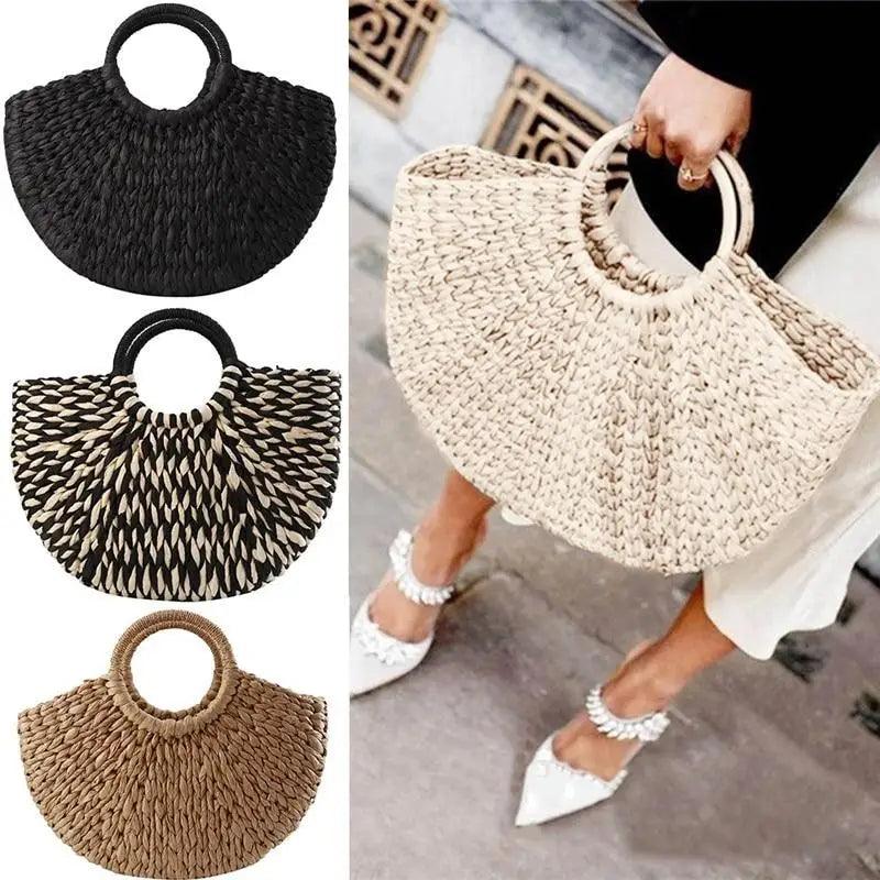Woven Wicker Straw Half Round Bag - Large Capacity Travel Tote