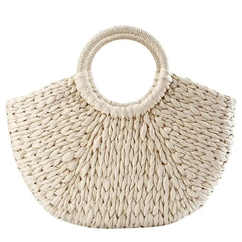 Woven Wicker Straw Half Round Bag - Large Capacity Travel Tote