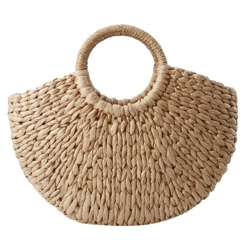 Woven Wicker Straw Half Round Bag - Large Capacity Travel Tote