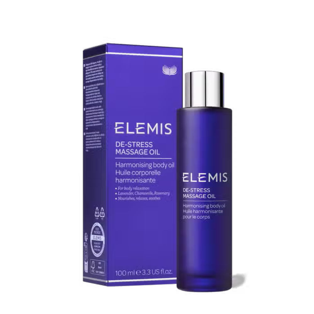 Bottle of Elemis De-Stress Massage Oil designed for relaxation and skin nourishment