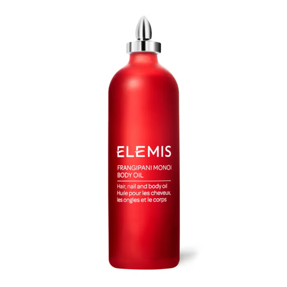 100ml bottle of Elemis Frangipani Monoi Body Oil with luxury minimalist packaging.
