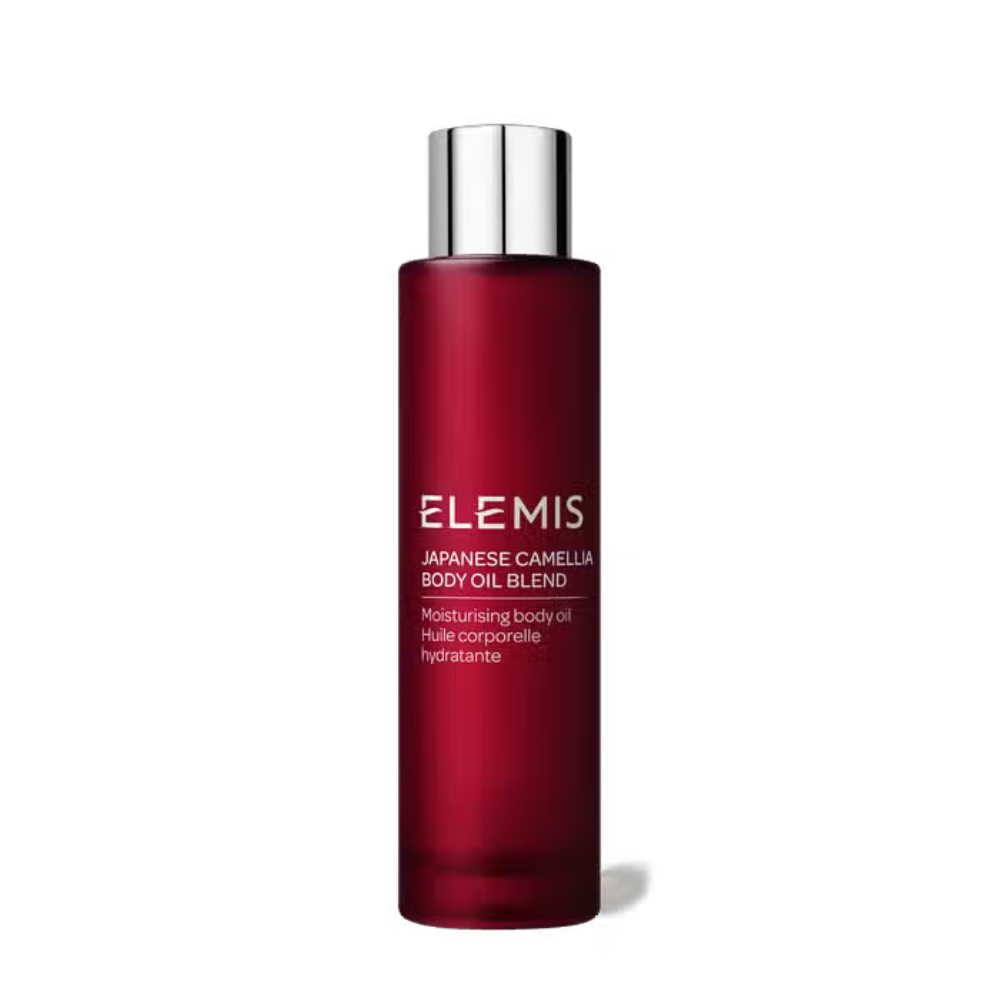 Elemis Japanese Camellia Body Oil Blend in a burgundy and silver bottle, 100 mL.