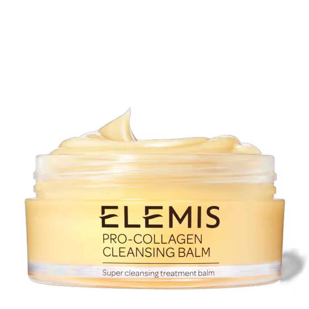 Amber jar of Elemis Pro-Collagen Cleansing Balm with yellow balm texture visible