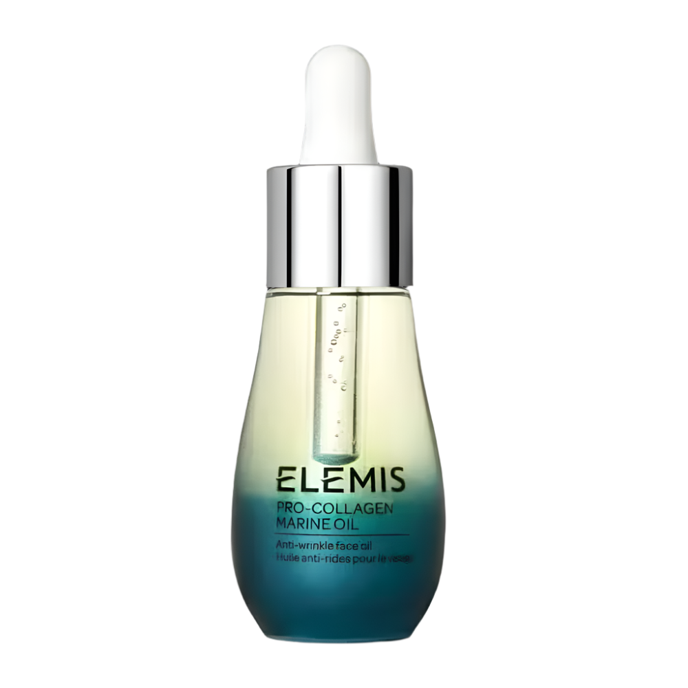15ml glass bottle of Elemis Pro-Collagen Marine Oil in a teal and silver aesthetic.
