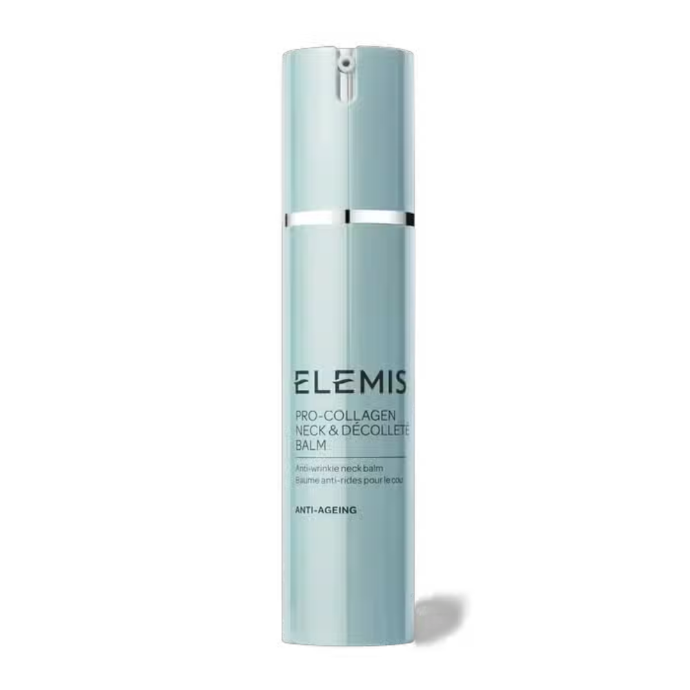 Elemis Pro-Collagen Neck & Décolleté Balm in teal and silver packaging, 50ml bottle.