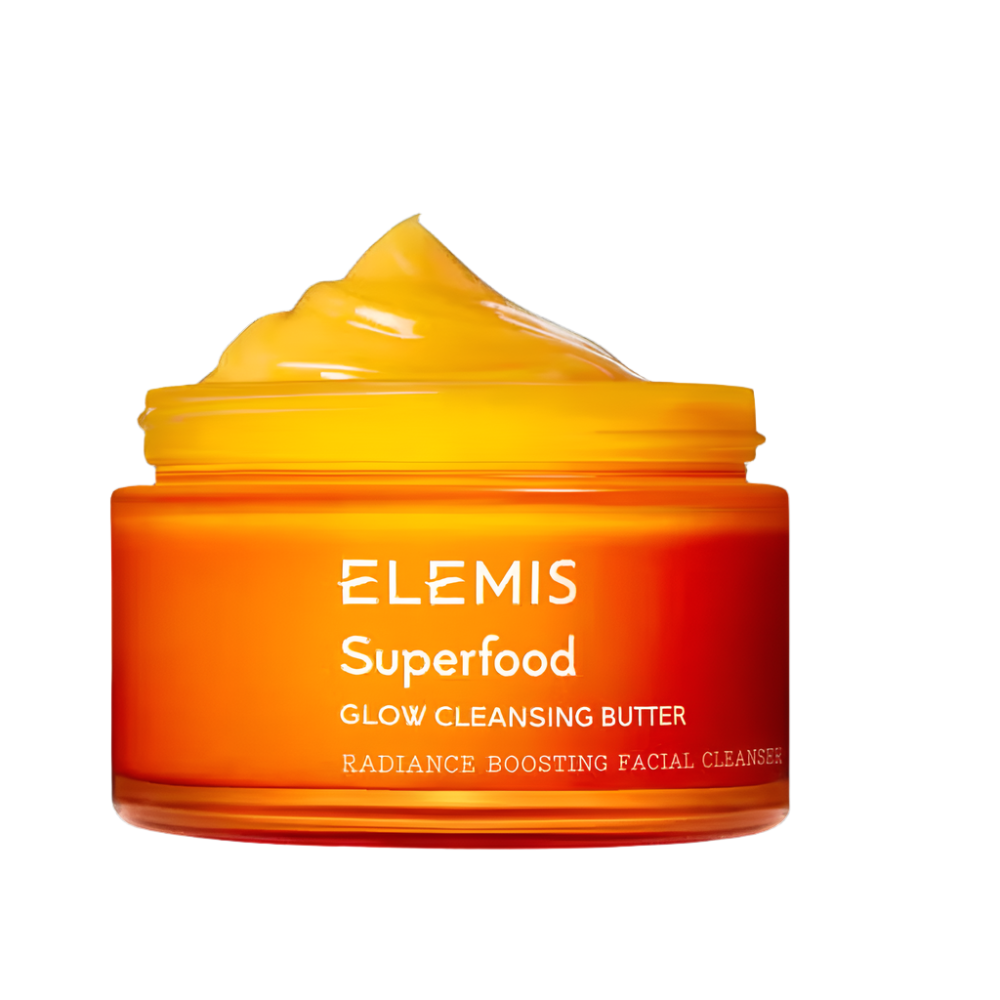 Elemis Superfood Glow Cleansing Butter in a 90 ml orange and yellow jar for radiance boosting.
