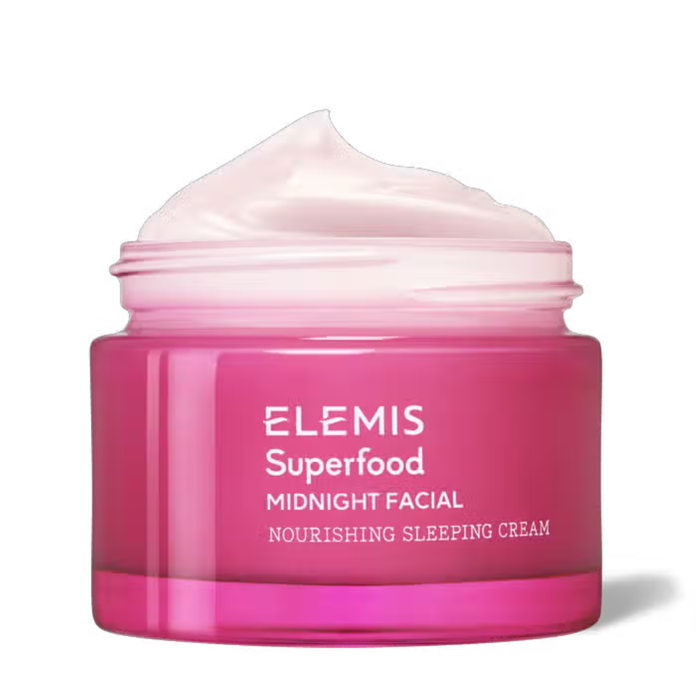 Elemis Superfood Midnight Facial nourishing sleeping cream in pink and white packaging.