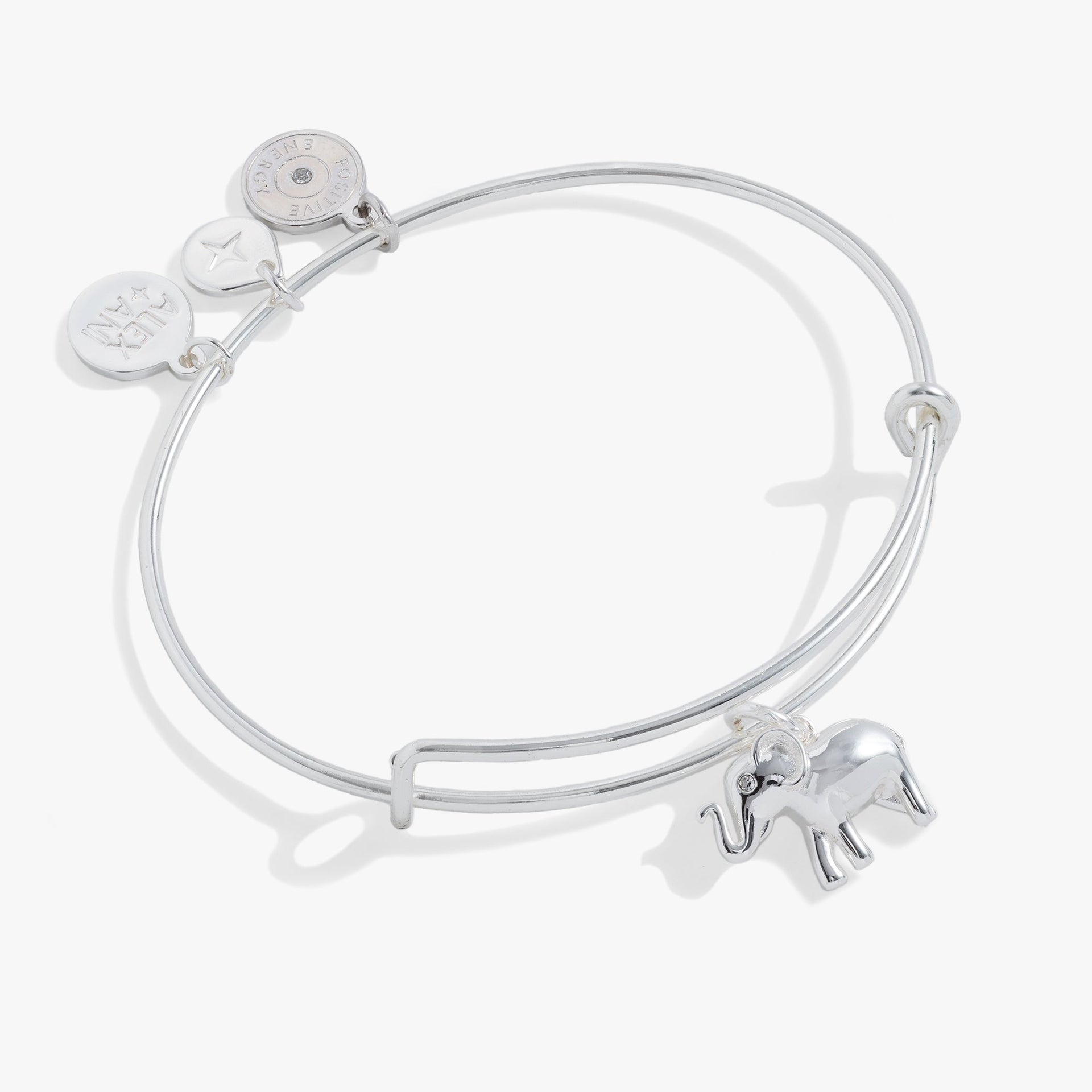Silver tone elephant charm bangle with trunk raised for luck